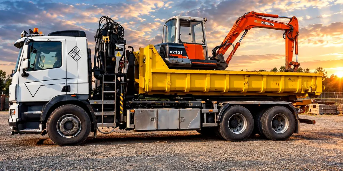 Le porte-conteneur avec grue, une benne et la mini-pelle